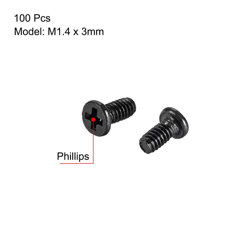  [AUSTRALIA] - uxcell M1.4x3mm Phillips Screw Fastener Black 2.5mm Dia Screw Head for Laptop PC TV Fan Switch 100pcs