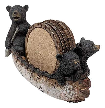  [AUSTRALIA] - Black Bear Canoe Coaster Set with Holder - Pine Ridge 3 Rustic Black Bear Cabin Decor Absorbent Coaster Drink - Set of 5 Drink Coaster Set Three Black Bears Canoeing