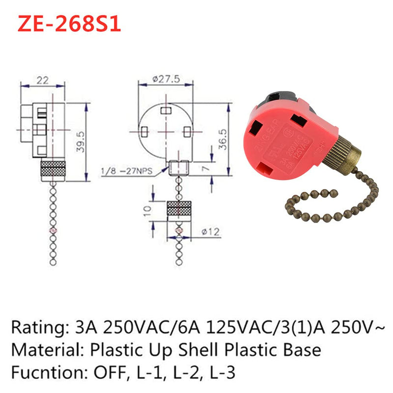  [AUSTRALIA] - ZE-268S1 Ceiling Fan Switch Zing Ear 3 Speed 4 Wire Pull Chain Switch Control Replacement 3 Speed Control Switch Ceiling Fans, Wall Lamps, Cabinet Light, Antique 2PCS ZE-268S1 Bronze 2Pack