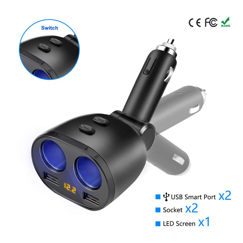  [AUSTRALIA] - Rocketek USB Car Charger Splitter Adapter, 2 Socket Cigarette Lighter Multi Power Outlet 12V/24V 80W DC with LED Voltmeter Switch Dual USB Port for Mobile Phone Tablet GPS Dash Cam Samsung Tomtom