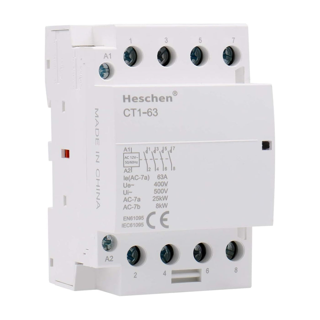  [AUSTRALIA] - Heschen Household AC Contactor, CT1-63, Ie 63A, 4 Pin, Four Normally Open, AC 12V Coil Voltage, 35mm DIN Rail Mount
