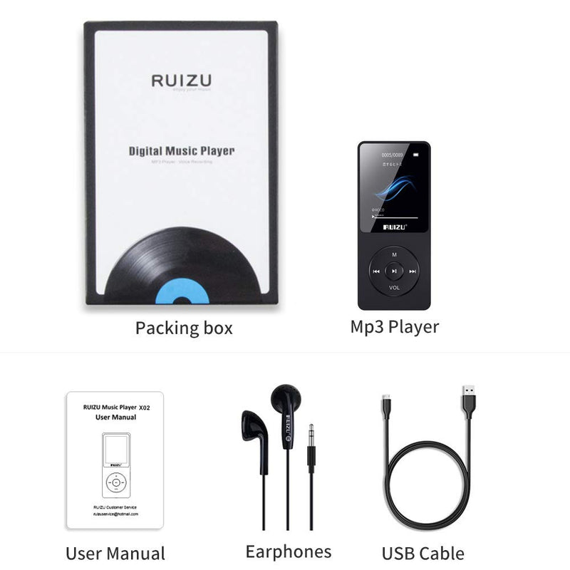  [AUSTRALIA] - Mp3 Player,RUIZU X02 Ultra Slim Music Player,Long Battery Life Mp3 with FM Radio, Voice Recorder, Video Play, Text Reading, 80 Hours Playback and Expandable Up to 128 GB (Black Black 8GB
