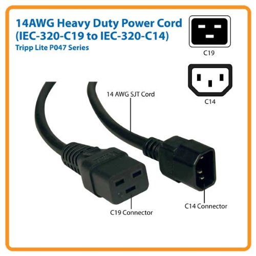 Tripp Lite Heavy-Duty Power Cord, 15A, 14AWG (IEC-320-C19 to IEC-320-C14) 6-ft.(P047-006),Black - LeoForward Australia