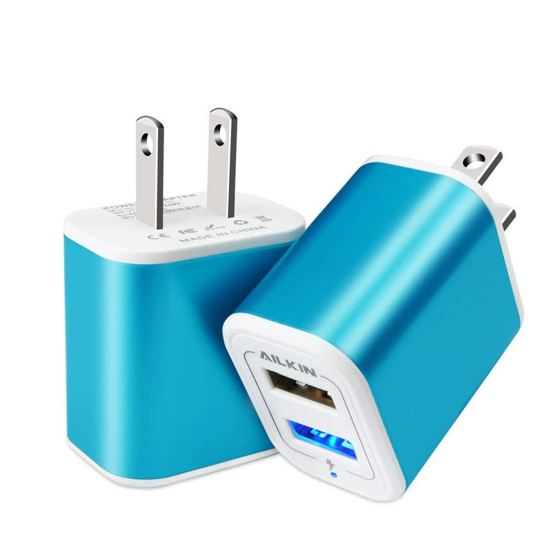  [AUSTRALIA] - USB Plug in Wall Charger, Charging Block, 2Pack AILKIN 2.1A Fast Charge Dual Port Power Adapter Cube Box Brick Base Compatible with Phone, Pad, LG, Honor, Samsung, Kindle Fire, Blue, All USB - Blue