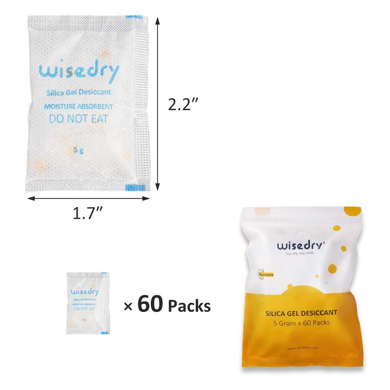  [AUSTRALIA] - 5 Gram [60 Packs] Food Grade Silica Gel Packs Rechargeable Desiccant Dehumidifiers Pouches with Color Indicating Beads Reusable Moisture Absorbers for Food Storage 5 Grams x 60 Packs