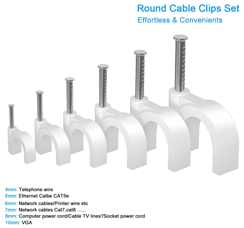  [AUSTRALIA] - 520pcs Circle Cable Clips with Steel Nails for Wall,SIOCEN 4mm 5mm 6mm 7mm 8mm 10mm Cable Management for RG6,RG59,CAT6,RJ45 Cord Coax,Ethernet,TV Wire Tacks,Telephone Cable,Printer Round Cable Straps