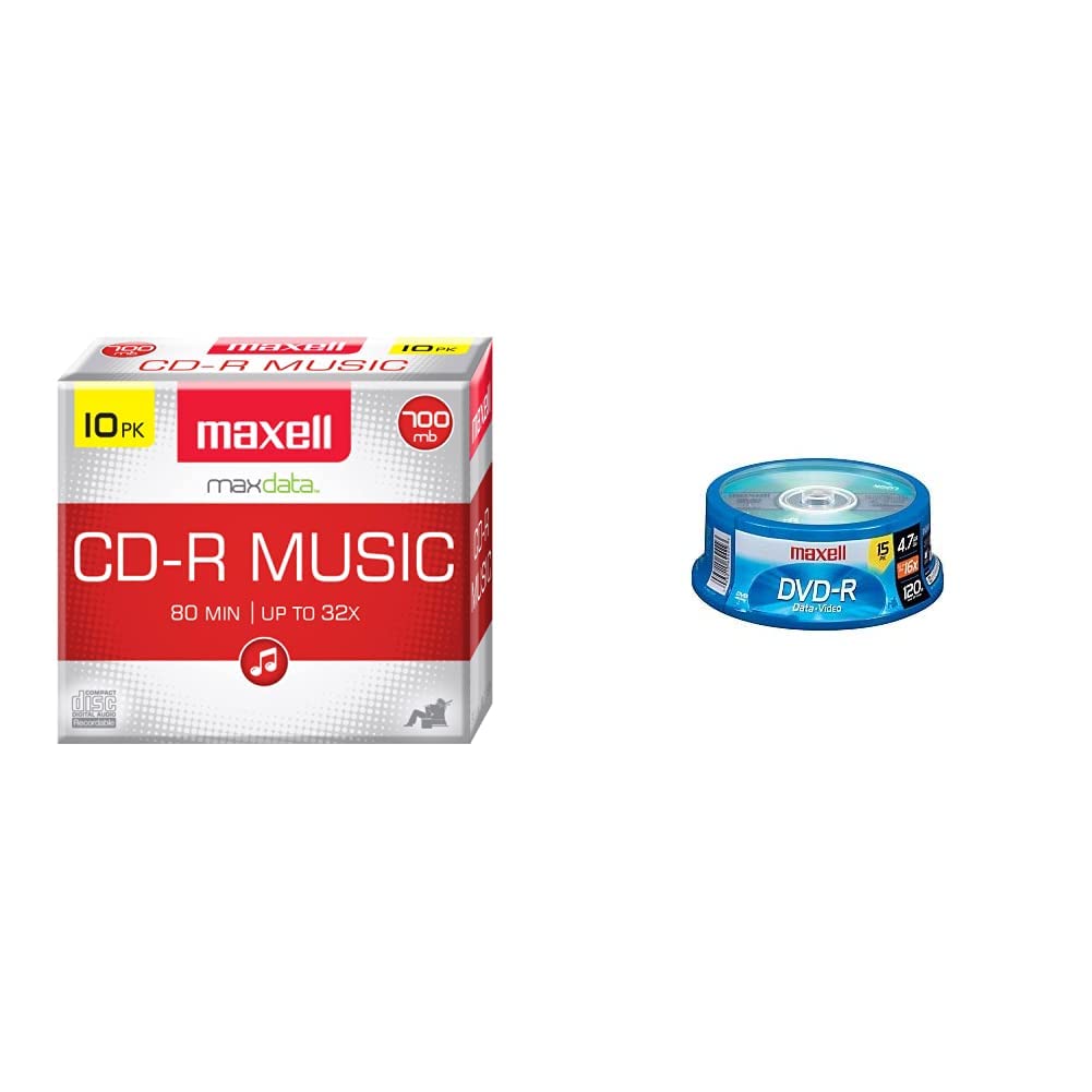  [AUSTRALIA] - Maxell 625133 1-Time Recording Recordable CD & 638006 DVD-R 4.7 Gb Spindle with 2 Hour Recording Time and Superior Recording Layer Technology 10pk Recordable CD + Gb Spindle