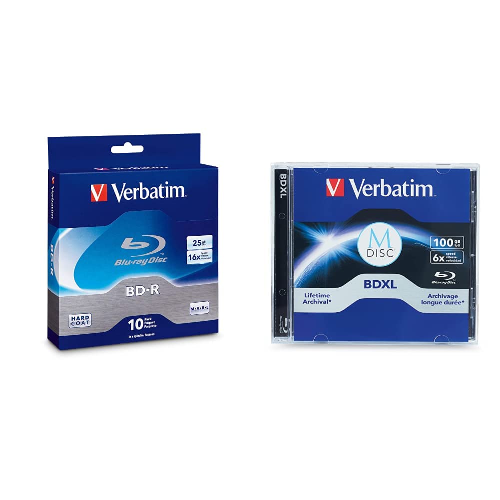  [AUSTRALIA] - Verbatim BD-R 25GB 16X Blu-ray Recordable Media Disc - 10 Pack Spindle - 97238 & M-Disc BDXL 100GB 6X with Branded Surface - 1pk Jewel Case 10pk Spindle Media Disc + M-Disc BDXL