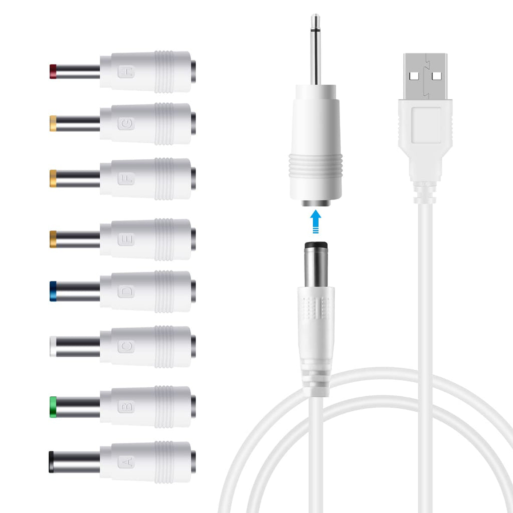  [AUSTRALIA] - LANMU USB to DC Power Cable,Universal 5V DC Jack Charging Cable Power Cord with 9 Interchangeable Plugs Connectors Adapter Compatible with Massage Wand,Router,Speaker and More Devices White