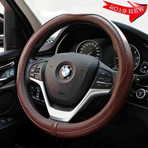 Valleycomfy Universal 15 inch Auto Car Steering Wheel Cover with Coffee Genuine Leather for HRV CRV Accord Corolla Prius Rav4 Tacoma Camry Escape Fusion Focus,etc M(14"1/2-15"1/4) - LeoForward Australia