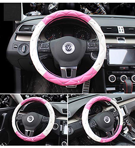  [AUSTRALIA] - eing Microfiber Leather Auto Car Steering Wheel Cover with Bling Crystals,Anti Slip 15 Inch Universal,White+Pink G-White+Pink