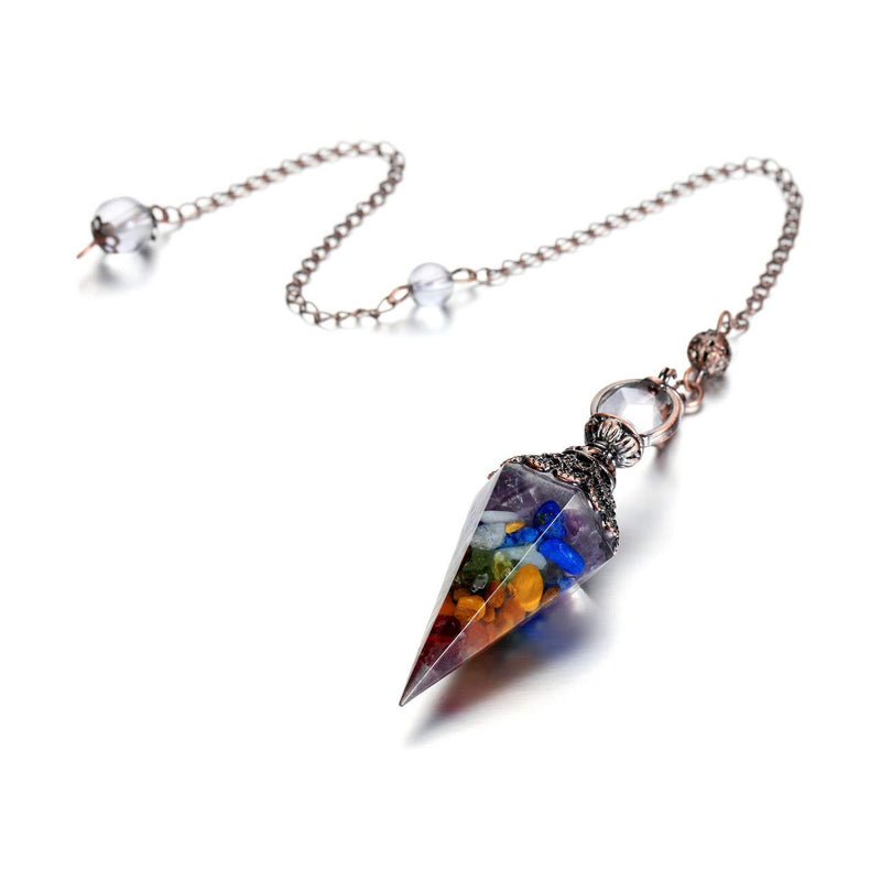  [AUSTRALIA] - Jovivi 7 Chakra Healing Crystal Pendulums for Dowsing Divination 6 Facted Hexagonal Pointed Cone Resin Chip Stones Reiki Wicca Spritual Gemstone Chakra Energy Pendant with Chain