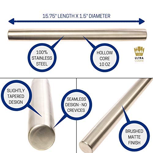  [AUSTRALIA] - Professional French Rolling Pin for Baking - 15.75" Smooth Stainless Steel Metal has Tapered Design Best for Fondant, Pie Crust, Cookie, Pastry, Pasta, Pizza Dough - Chef Baker Roller by Ultra Cuisine Classic