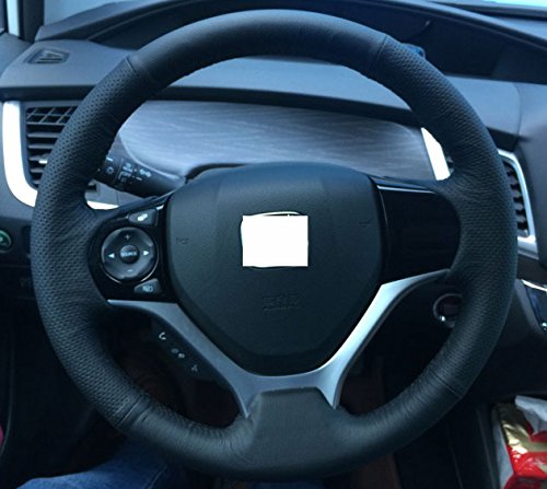  [AUSTRALIA] - Eiseng DIY Sew Black Genuine Leather Steering Wheel Cover Stitch on Wrap for Honda Civic 2012 2013 2014 2015 interior Accessories 13.5-14.5 inches (Black thread) Black leather with Black thread