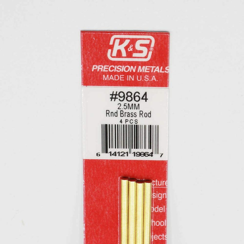 K&S Precision Metals 9864 Round Brass Rod, 2.5mm Diameter X 300mm Long, 4 Pieces per Pack, Made in The USA - LeoForward Australia