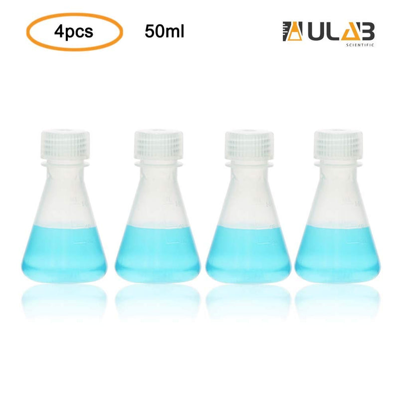ULAB Scientific Conical Polypropylene Erlenmeyer Flask 1.7oz 50ml Narrow Neck with Screw Cap, Molded Graduations, Pack of 4, UEF1008 Vol. 50ml, Pack of 4 - LeoForward Australia