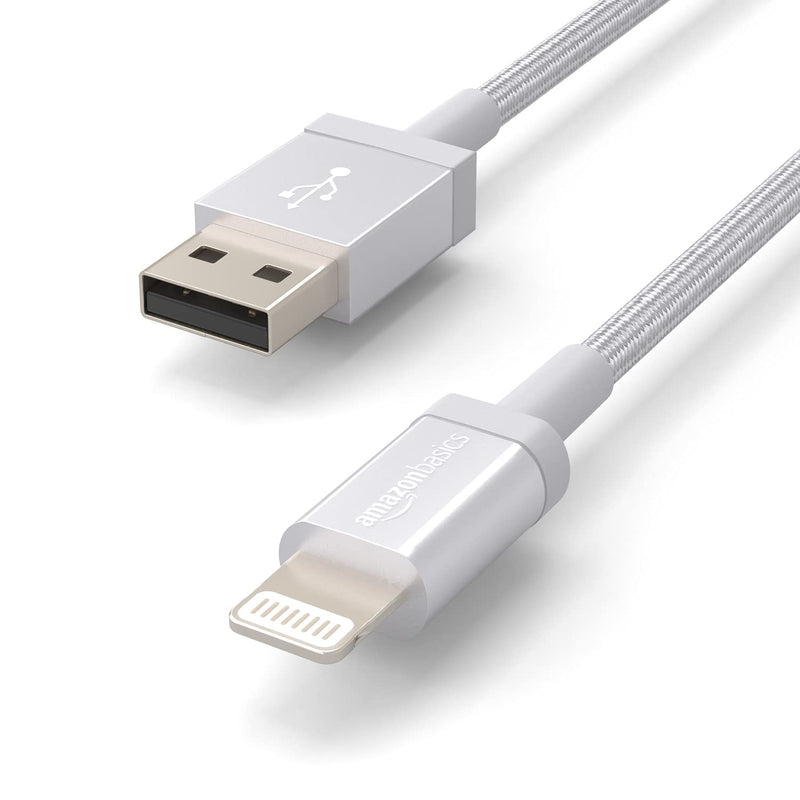 Amazon Basics Nylon USB-A to Lightning Cable Cord, MFi Certified Charger for Apple iPhone, iPad, Silver, 3-Ft 3 Foot 1-Pack - LeoForward Australia