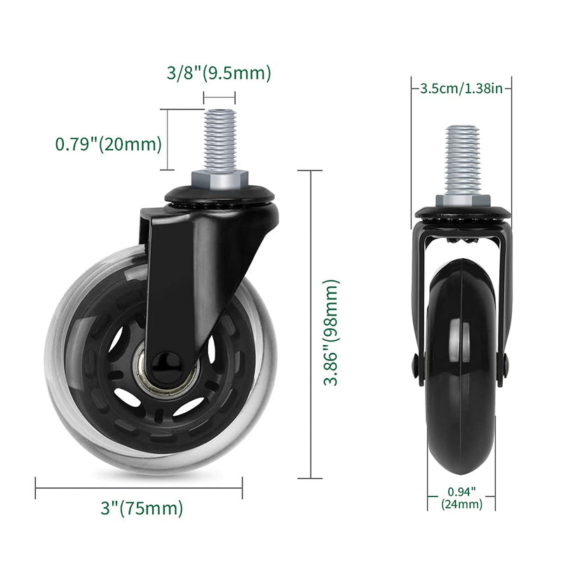  [AUSTRALIA] - 3" Thread Screw in Office Chair Caster Wheels, 3/8"-16x1"(Not Metric M10), Safe for All Floors, PU Rubber Furniture,Carts Stem Caster Wheels,No Scratch,650Lbs Weight Capacity 3/8"-16x1" Threaded Stem Flange Nuts Caster Wheel 40x20