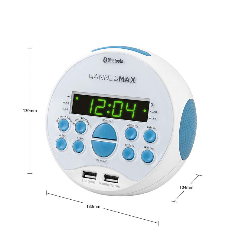 HANNLOMAX HX-129CR Alarm Clock Radio. PLL FM Radio, 0.6" Green LED Display, Bluetooth, USB Ports for 2.4A & 1A Charging/MP3 Playback (White) - LeoForward Australia
