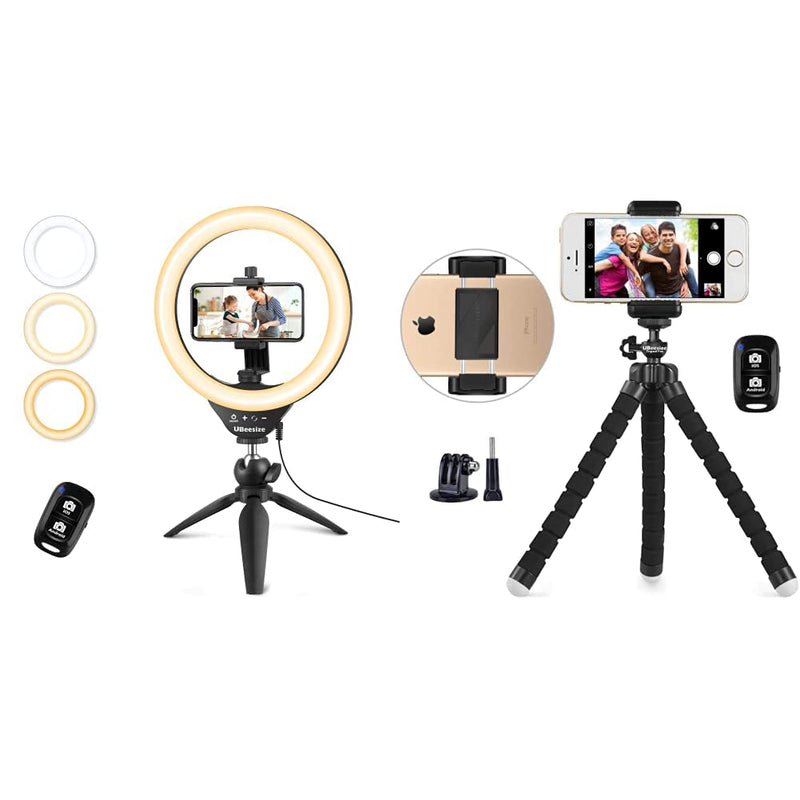  [AUSTRALIA] - UBeesize 10" Selfie Ring Light with Tripod Stand & Cell Phone Holder, Dimmable Desktop LED Circle Light & Phone Tripod, Portable and Adjustable Camera Stand Holder Ring Light + Phone Holder