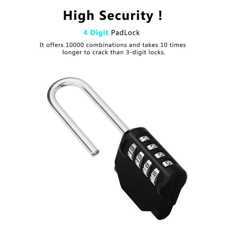  [AUSTRALIA] - ZHEGE Long Shackle Padlock, 4 Digit Combination Lock, Resettable Weatherproof Combo Lock for School, Gym, Employee Locker, Outdoor, Fence (Black,Pack of 2) BlackL2