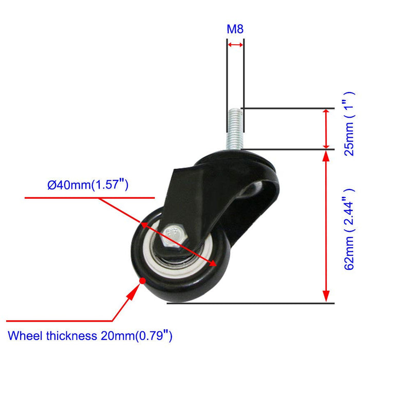 Domestic Swivel Caster Wheels 1.5 Inch, M8 Bolt, Black, Heavy Duty, Metal Universal Bearing Caster, Skateboard, Rubber Wheel, Tool Car, Furniture,Trolley 4pcs Swivel Casters - LeoForward Australia