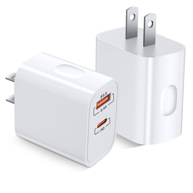  [AUSTRALIA] - USB C Power Adapter 20W, Costyle 2 Pack Dual USB C Fast Charging Block PD&QC 3.0 Quick Fast Charge Wall Charger Compatible iPhone 14/13/12/11 Pro Max/SE/XR/XS, Watch SE, Samsung S22/S21/S20-White White