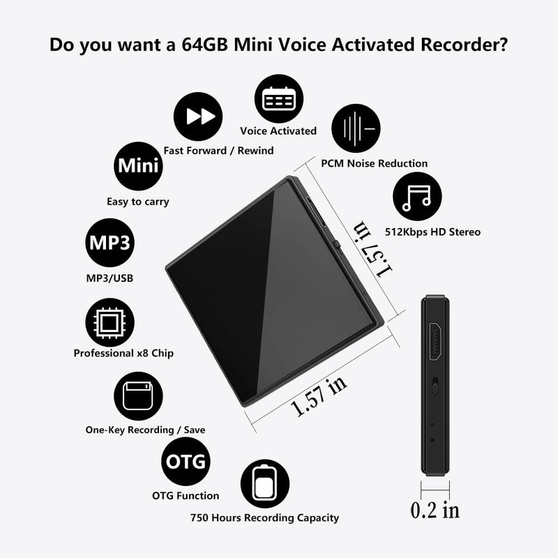  [AUSTRALIA] - 64GB (800 Hour) Magnetic Voice Activated Recorder,Listening Device, 40 Hours Battery Time, Voice Recorder,Tiny Recording Device Small Recording Devices Microphone MP3 Player