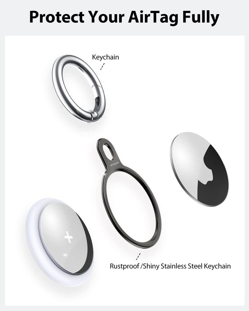  [AUSTRALIA] - Stouchi 4 Packs Airtag Holder Key Ring, Stainless Steel Invisible Slim Keychains Compatible with Airtag 2021 Finder Items, Dog, Key, Backpacks Air Tag Accessories with 2 anti-lost ropes 2 Grey+ 2 Silver