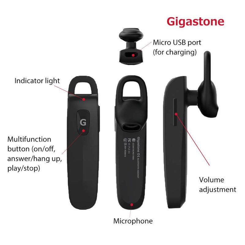  [AUSTRALIA] - Gigastone D1 Bluetooth Earpiece, Wireless Handsfree Headset with Microphone, 6-8 Hrs Driving Single Ear Bluetooth Headset, Noise Canceling Mic, Compatible with iPhone Android