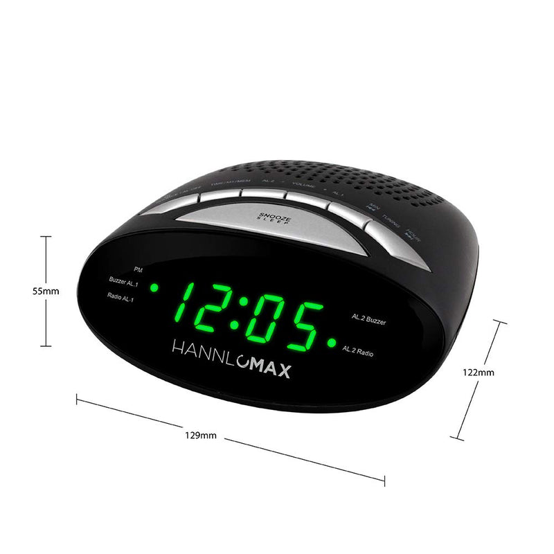 HANNLOMAX HX-116CR Alarm Clock Radio, PLL AM/FM Radio, Dual Alarm, 0.6" Green LED Display (Black) - LeoForward Australia