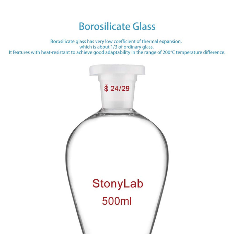 StonyLab Borosilicate Glass 500ml Heavy Wall Conical Separatory Funnel with 24/29 Joints and PTFE Stopcock - 500ml - LeoForward Australia
