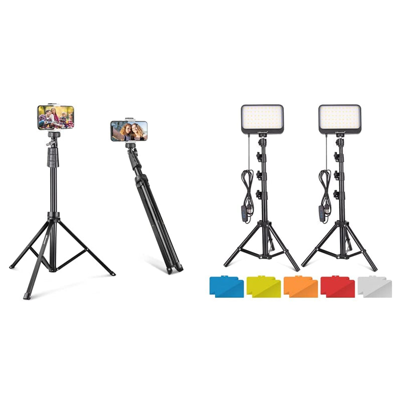  [AUSTRALIA] - UBeesize 67'' Phone Tripod Stand & Selfie Stick Tripod, 1.5 Kg & LED Video Light Kit,2Pcs Dimmable Continuous Portable Photography Lighting with Adjustable Tripod Stand & Color Filters, Black