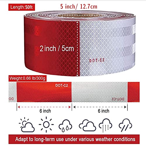  [AUSTRALIA] - 2 Inch x 50 Feet DOT-C2 Red & White Reflective Safety Tape, BUYMALLY Hazard Caution Adhesive Tape, High Viscosity, Waterproof, Fade Resistant, Durable, Reflective Conspicuity