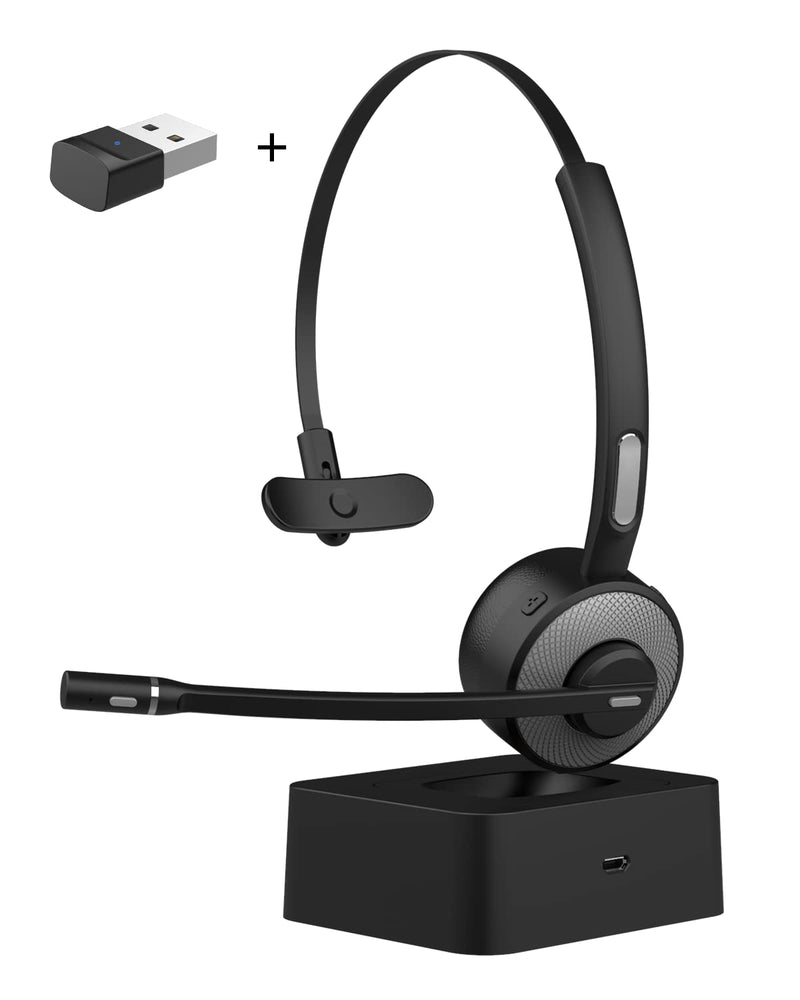  [AUSTRALIA] - Bluetooth Headset with USB Dongle/Adapter, ASIAMENG Single-Ear Wireless Headset with Noise Cancelling Microphone Mute Key Charging Base/Stand for Computer PC Laptop Cell Phones Trucker Office Home