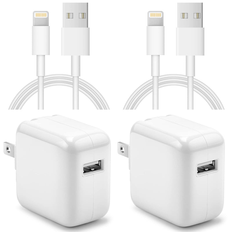  [AUSTRALIA] - iPad Charger iPhone Charger【Apple MFi Certified】 [2-Pack] 12W USB Wall Charger Foldable Travel Plug Block with 6FT USB Flat Ribbon Cable Compatible with iPad iPhone, iPad, Airpod