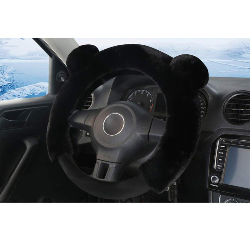  [AUSTRALIA] - Cxtiy Universal Fluffy Steering Wheel Cover Fashion Cute Cartoon Shape Winter Car Warm Covers for Women Girls (15 inch, Black) 15 inch