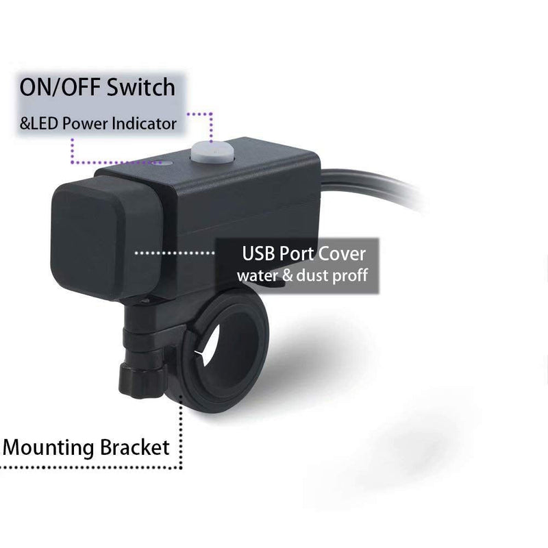  [AUSTRALIA] - iMESTOU 5V 2.1A Motorcycle Dual USB Phone Charger Adapter with ON/Off Switch Waterproof Ports Smart Charging Socket Fused Work with 12V/24V ATV UTV Lawn Mower etc. Double USB+O ring