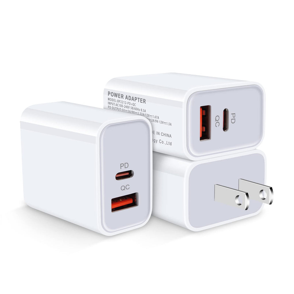 [AUSTRALIA] - Dual-Port USB-A and USB-C Wall Charger, 3Pack 20W Power Delivery + QC 3.0 iPhone Charger Fast Charging Block for iPhone 14/14 Pro/14 Pro Max/14 Plus/13/13 Pro/13 Pro Max/13 Mini/12 Pro Max/11/SE/XR/X White