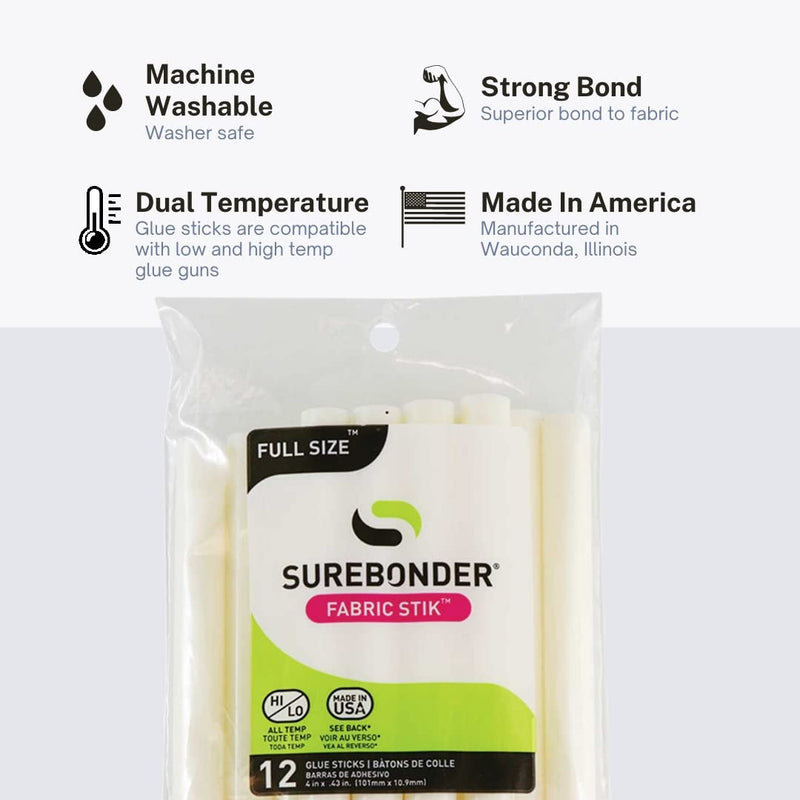  [AUSTRALIA] - Surebonder Fabric Hot Glue Stick, Full Size 4" L, 7/16" D - 12 Pack, Machine Washable, Use with High Temperature Glue Guns - Made in USA (FS-12)
