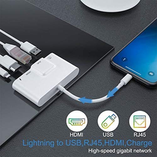  [AUSTRALIA] - sharllen RJ45 Ethernet Adapter 4 in 1 Lightning to HDMI Adapter 1080P HD Network LAN Wired Adapter USB Data Sync Charging Card Reader Compatible with iPhone/iPad/TV/Monitor/Projector/Keyboard/Mouse