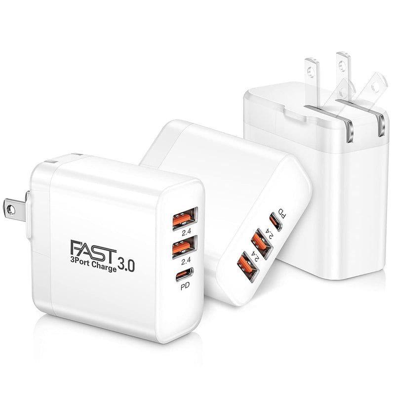  [AUSTRALIA] - 3Pack USB C Fast Charger,30W Boxeroo 3-Ports with PD Power Adapter+2.4A Quick Charging 3.0 Wall Charger Foldable Block Plug for iPhone 12/11 /Pro Max, XS/XR/X, Pad Pro, Samsung Galaxy, More (White) White