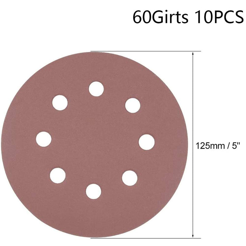  [AUSTRALIA] - Utoolmart 10pcs 5 Inch 8 Hole Hook and Loop Sanding Disc 60 Grit Flocking Sandpaper for Random Orbit Sander