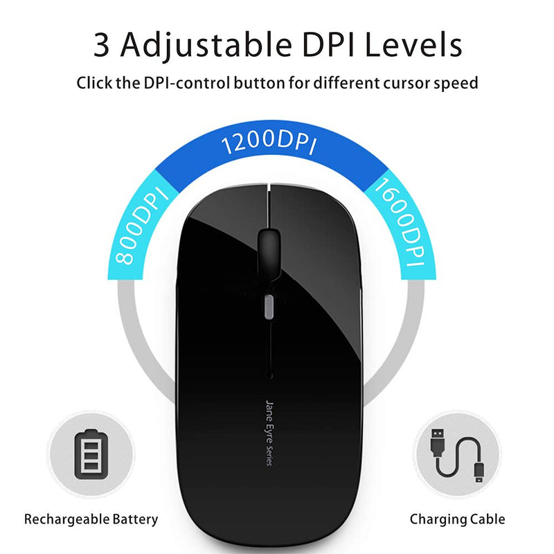 Q5 Slim Rechargeable Wireless Mouse, 2.4G Portable Optical Silent Ultra Thin Wireless Computer Mouse with USB Receiver and Type C Adapter, Compatible with PC, Laptop, Notebook, Desktop Black - LeoForward Australia