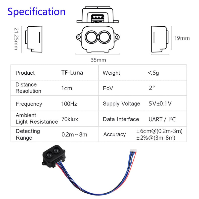  [AUSTRALIA] - Wishiot TF-Luna LiDAR Range Finder Sensor 0.2m-8m Single-Point Ranging Module UART/I2C 5V with 6Pin Terminal to Dupont Cable for Arduino/RPi Pico/Pixhawk/WiFi_Lora_32