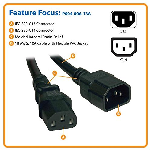 Tripp Lite Computer Power Extension Cord 13A, 16AWG (IEC-320-C14 to IEC-320-C13) 6-ft.(P004-006-13A) Black 6 ft. - LeoForward Australia