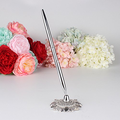 Chris.W Signing Pen with Hollow out Holder Stand for Wedding Bridal Party, Silver - LeoForward Australia