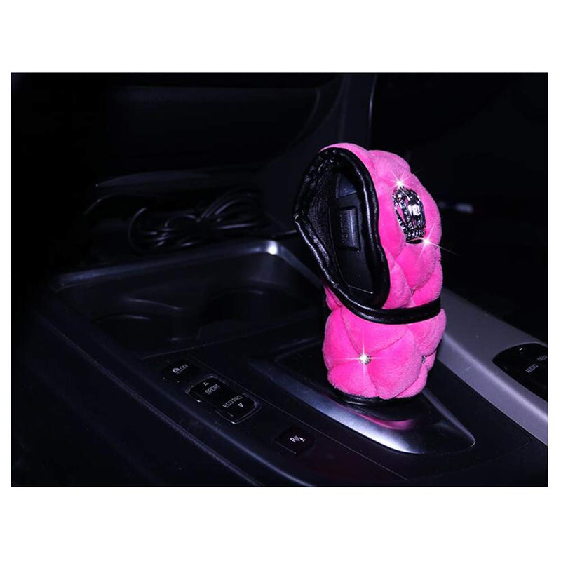  [AUSTRALIA] - Siyibb Plush Car Handbrake Grips Cover Diamond Crown Gear Shifter Cover Seat Belt Shoulder Pad Sets - Pink