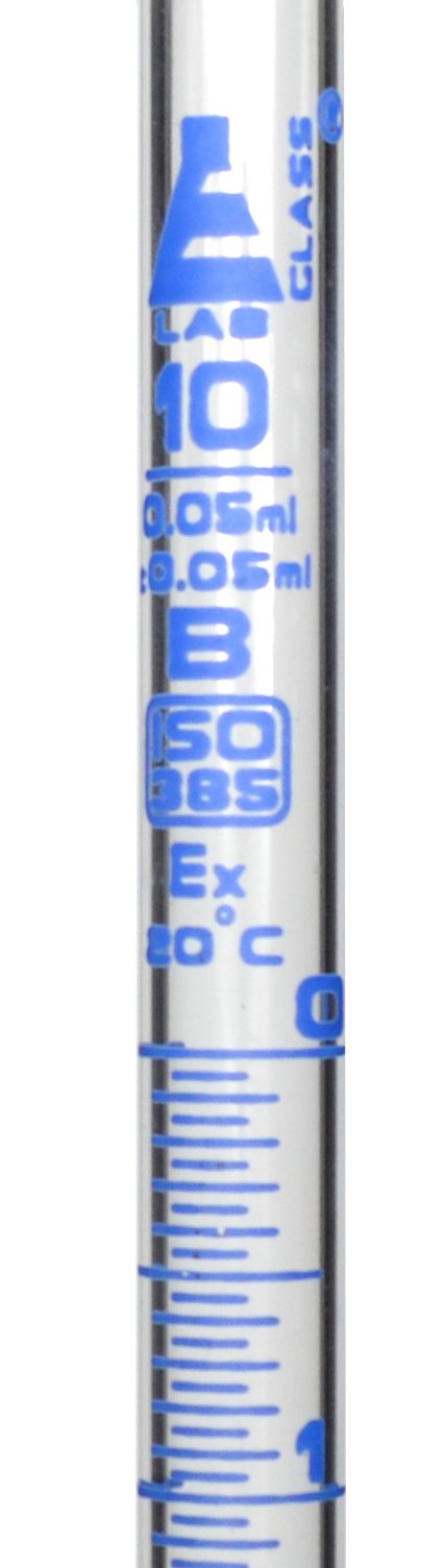 Burette, 10ml - 17.5" Long, 3/8" Diameter, Class B, DIN 385 Compliant, Borosilicate Glass with PTFE Needle Valve Stopcock, 0.05mL Graduations - Eisco Labs - LeoForward Australia