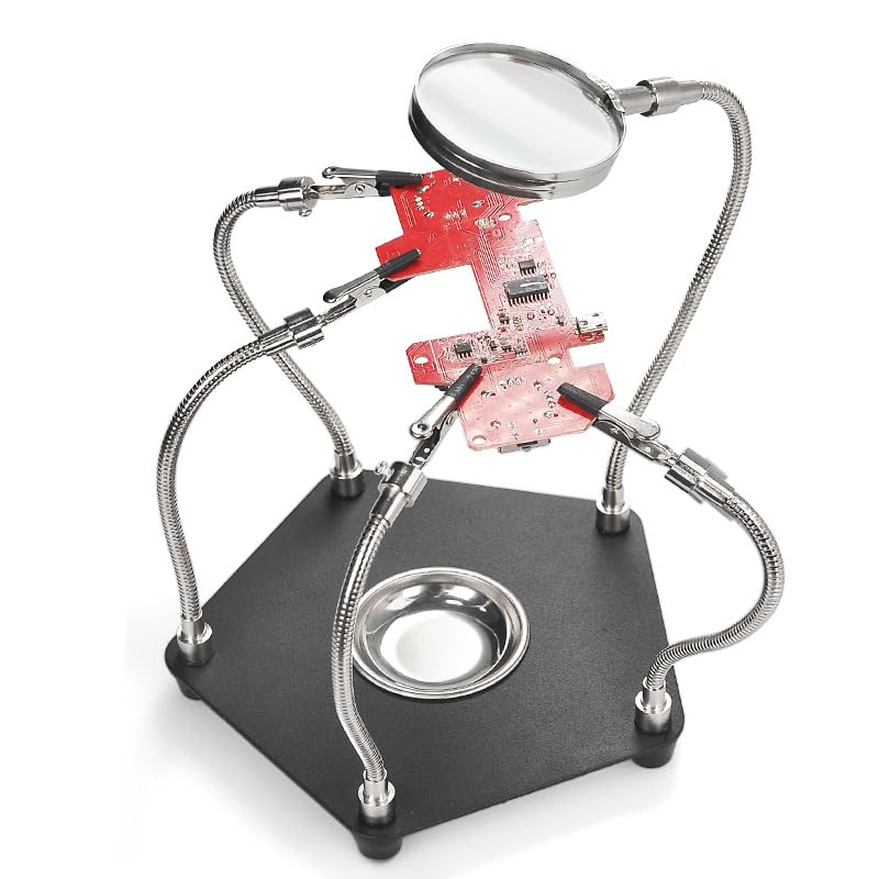  [AUSTRALIA] - 3x magnifying glass with soldering aid and 4 adjustable metal arms, third hand soldering with soldering iron stand and robust metal base, soldering station helping hands for electronic repairs, handicrafts